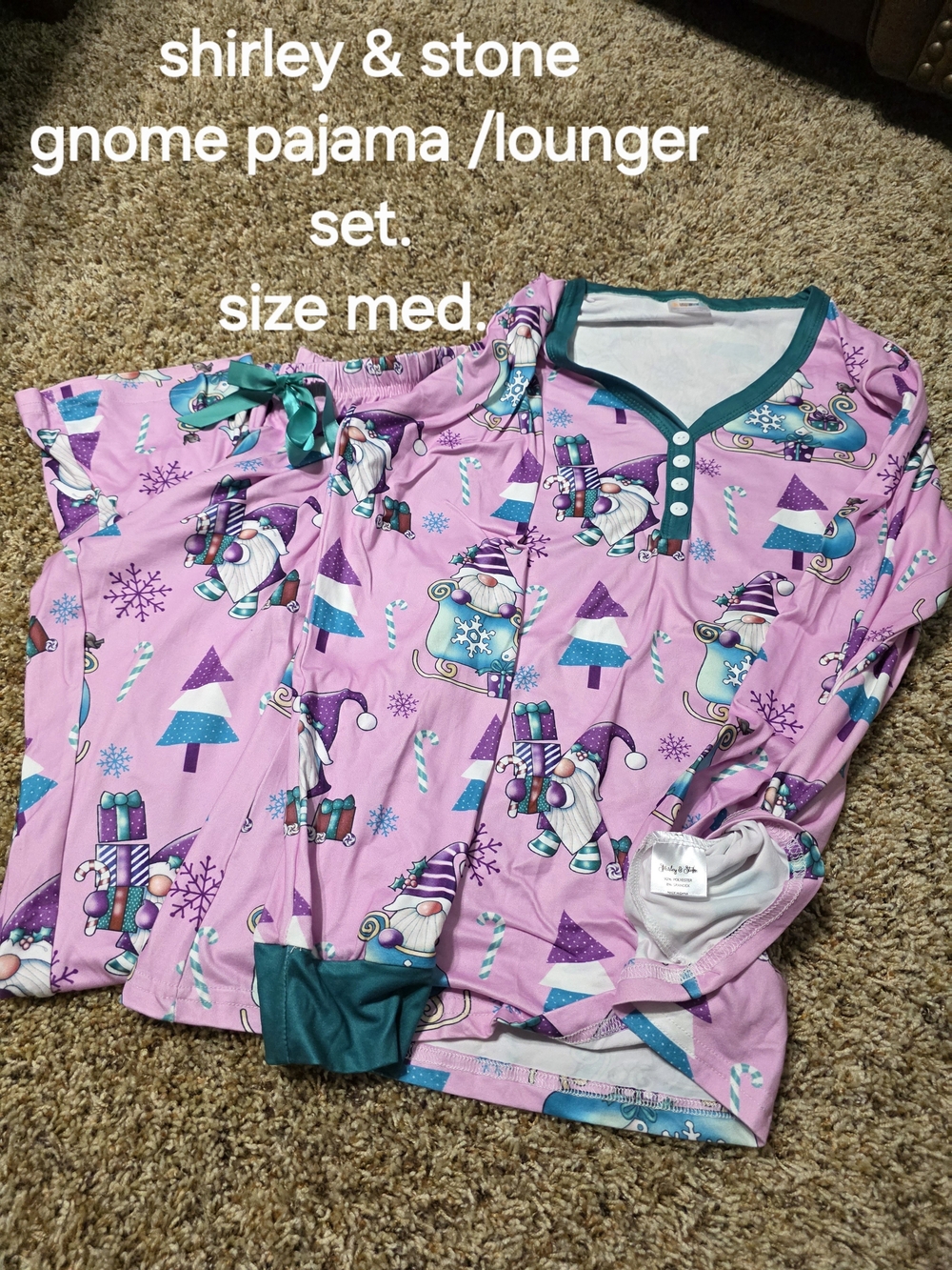 Shirley & Stone Womens' Pink Gnome Pajama Lounger Set